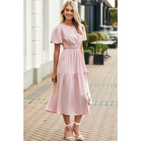 Pink Puff Sleeve Pleated High Waist Flowy Long Dress - S thumbnail