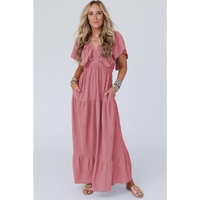 Rose Pink Textured V Neck Flutter Sleeve Ruffled Maxi Dress - 2XL thumbnail