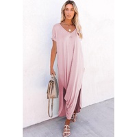 Pink V Neck Hidden Pocket Splits Maxi T-shirt Dress - M thumbnail