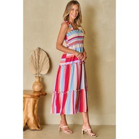 Red Stripe Ruffled Straps Smocked Tiered Long Dress - S thumbnail