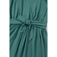 Blackish Green Solid Color V Neck Wrap Pleated Short Sleeve Maxi Dress - M thumbnail