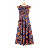 Dark Blue Boho Floral V Neck Ruffle Tiered Long Dress - S thumbnail