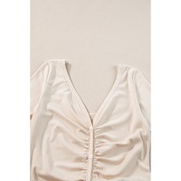 Beige V Neck Ruched Button Front French T-shirt Dress - M thumbnail