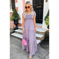Purple Floral Short Bubble Sleeve Shirred High Waist Maxi Dress - XL thumbnail