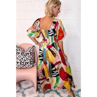 White Square Neck Smocked Abstract Print Boho Maxi Dress - M thumbnail