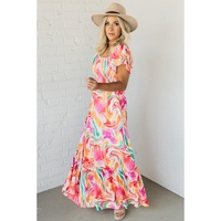 Pink Abstract Print Ruffled Sleeve Smocked Bust Maxi Dress - S thumbnail