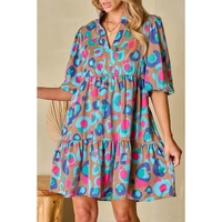 Green Leopard Print Bubble Sleeve Slit Neck Ruffled Dress - S thumbnail