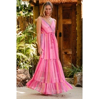 Pink Western Printed Tassel Tie V Neck Wrap Maxi Dress - L thumbnail