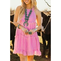 Pink Smocked Neck Knot Back Frilly Tiered Sleeveless Mini Dress - S thumbnail