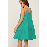 Sea Green Textured Buttoned Thin Strap Tiered Loose Fit Mini Dress - L thumbnail