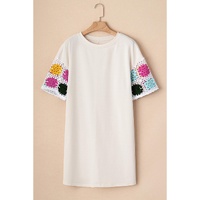 White Floral Crochet Splicing Sleeve T Shirt Dress - L thumbnail