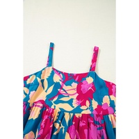 Dark Blue Floral High Waist Sleeveless Flared Long Dress - L thumbnail