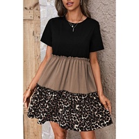 Light French Beige Leopard Print Colorblock Frill Trim T-shirt Dress - M thumbnail