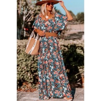 Sky Blue Floral Knotted Back Square Neck Maxi Dress - S thumbnail