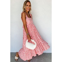 Pink Geometric Print Knot Back Sleeveless Ruffle Hem Dress - L thumbnail