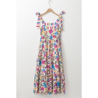 Rose Red Striped Trim Self-tie Straps Floral Maxi Dress - M thumbnail
