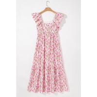 Pink Floral Print Square Neck Ruffled Strap Maxi Dress - 2XL thumbnail