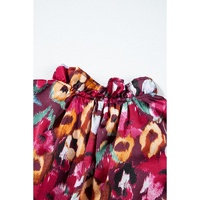 Rose Red Floral Print Tiered Ruffled Half Sleeve V Neck Dress - L thumbnail