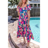 Dark Blue Square Neck Bubble Sleeve Ruffled Floral Dress - S thumbnail