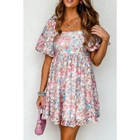 Pink Floral Puff Sleeve Square Neck Smock Ruffled Dress - L thumbnail