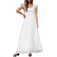 White Polka Dot Flutter Sleeve Square Neck Smocked Maxi Dress - 2XL thumbnail
