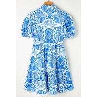 Sky Blue Retro Floral Print Drawstring Waist Ruffled Mini Dress - L thumbnail