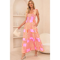 Pink Boho Gingham Tied Straps Smocked Maxi Dress - XL thumbnail