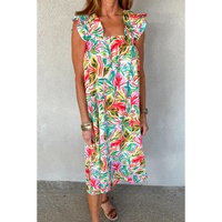 White Floral Print Ruffled Sleeveless Midi Dress - L thumbnail