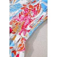Rose Red Tropical Print Smocked Bodice Puff Sleeve Maxi Dress - L thumbnail