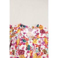 Purple Floral Print Split Neck Flutter Sleeve Dress - S thumbnail