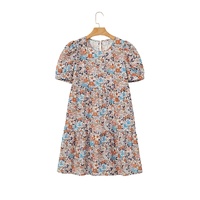 Apricot Bohemian Floral Print Short Puff Sleeve Mini Dress - L thumbnail