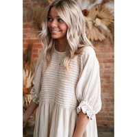 White Textured Ruffled Puff Sleeve Loose Dress - M thumbnail
