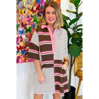 Brown Stripe Striped Textured Patchwork Buttoned T Shirt Dress - L thumbnail