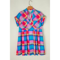 Light Blue Multicolor Plaid Short Sleeve Babydoll Mini Dress - S thumbnail
