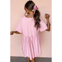 Light Pink Solid Color Pocketed Raw Edge Babydoll Dress - L thumbnail