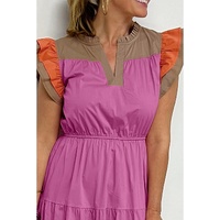 Bonbon Color Block Tiered Notched Neck Ruffle Sleeve Dress - L thumbnail