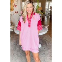 Pink Stripe Colorblock Patchwork Short Sleeve T Shirt Dress - L thumbnail