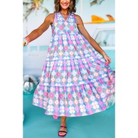 Sky Blue Floral Print Frilly Neck Sleeveless Tiered Maxi Dress - L thumbnail