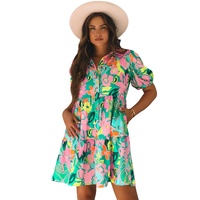 Green Floral Puff Sleeve Collar Buttoned Babydoll Dress - XL thumbnail