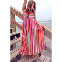 Multicolour Striped Thin Straps Smocked Back Boho Maxi Dress - L thumbnail