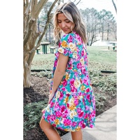 Green Rose Floral Print Ruffled Short Dress - M thumbnail