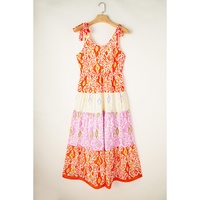 Orange Knotted Straps Leopard Colorblock Dress - L thumbnail