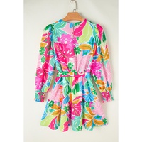 Green Multicolor Botanical Bubble Sleeve Mini Dress - M thumbnail