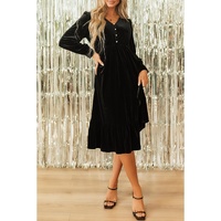 Black Velvet Buttoned Puff Sleeve V Neck Split Midi Dress - S thumbnail