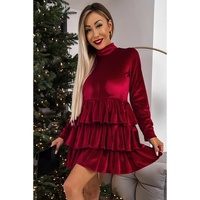 Racing Red Velvet High Neck Tiered Ruffle Mini Dress - S thumbnail