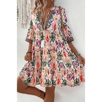 Multicolour Boho Print V Neck Bracelet Sleeve Mini Dress - L thumbnail
