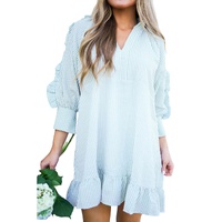 Myosotis Seersucker Ruffled Puff Sleeve Stand Neck Mini Dress - L thumbnail