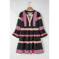 Black Ethnic Print Buttoned V Neck Bell Sleeve Ruffle Patchwork Dress - XL thumbnail