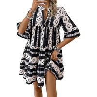 Black Geometric Print V Neck Ruffled Dress - S thumbnail
