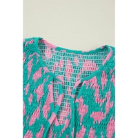 Green Abstract Print Puff Sleeve Tied Notched Neck Long Dress - M thumbnail